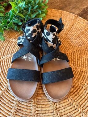 Very G Black and Brown Leopard Print Cross-Strap Sandals